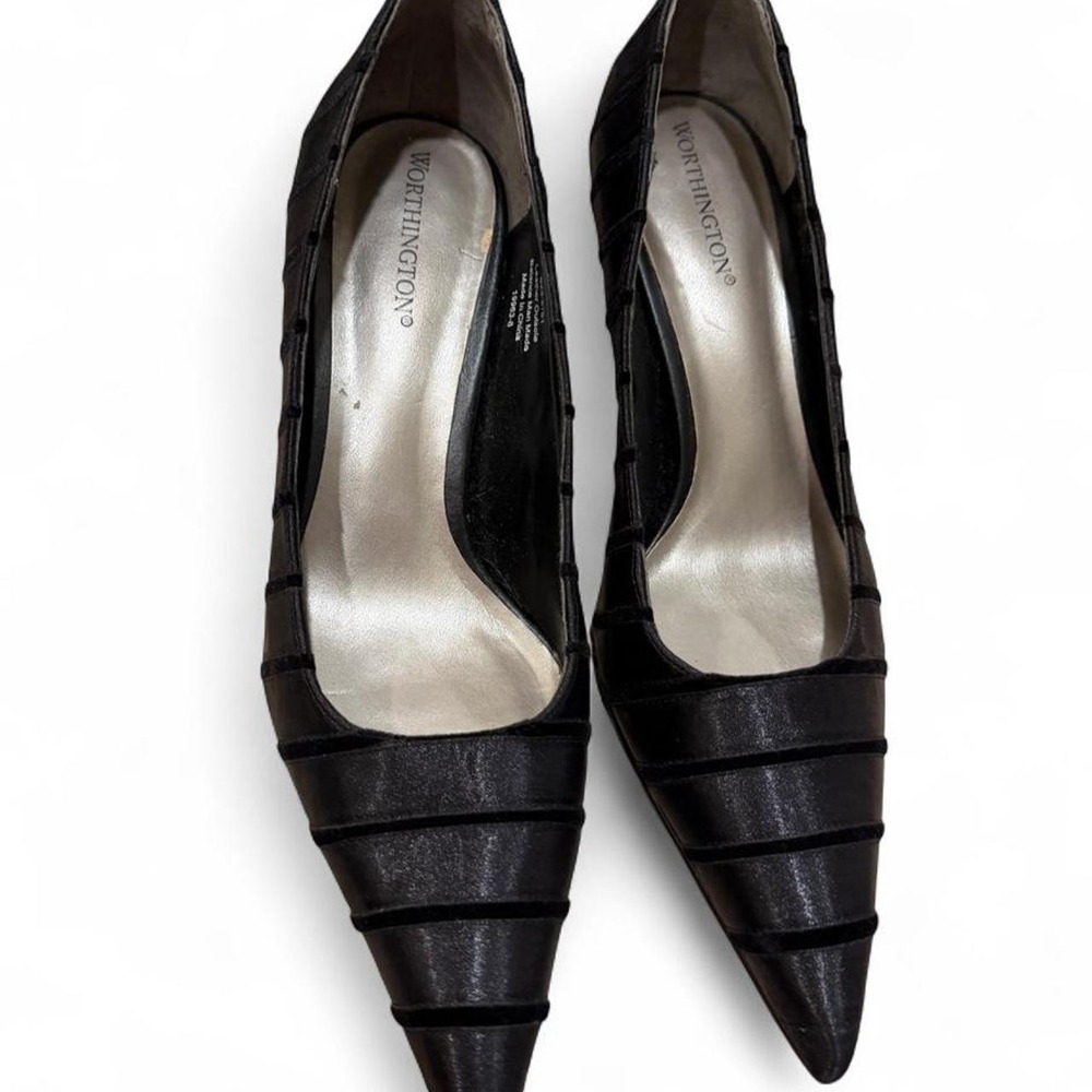 Worthington Black Leather Pointed Kitten Heels Ribbed Texture Pumps 7.5 M